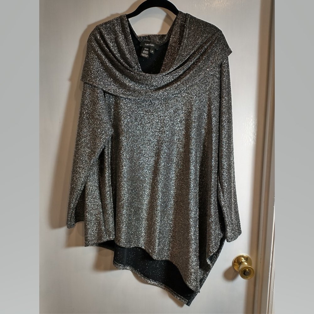 Karen Kane silver sparkly metallic asymmetrical blouse, cowl neckline 2X